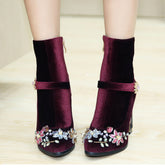 Novelty Handmade Velvet Ankle Booties with Rhinestone Floral Decoration Newgew